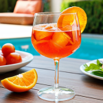 **Image Prompt:** A beautifully garnished Aperol Spritz in a wine glass, with an orange slice, set on a sun-drenched patio table with a Caprese salad in the background. Focus on vibrant colors and a refreshing, summery vibe.
