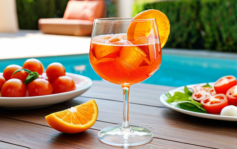 **Image Prompt:** A beautifully garnished Aperol Spritz in a wine glass, with an orange slice, set on a sun-drenched patio table with a Caprese salad in the background. Focus on vibrant colors and a refreshing, summery vibe.