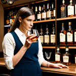 A professional female whiskey expert, fully clothed in a modest, elegant business casual outfit, stands thoughtfully in a well-appointed, softly lit home bar. She gently holds a whiskey glass, examining the amber liquid with a discerning eye. The background features a curated selection of whiskey bottles on a neat shelf, suggesting a knowledgeable collection. Professional photography, high resolution, realistic, perfect anatomy, correct proportions, natural pose, well-formed hands, proper finger count, natural body proportions, safe for work, appropriate content, fully clothed, professional dress.