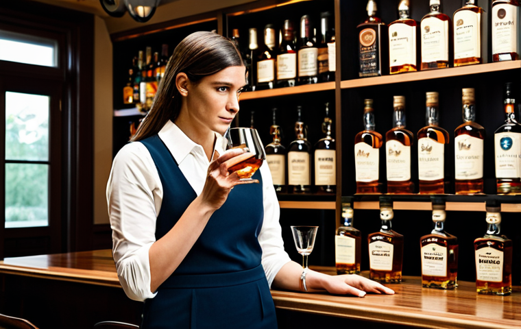 A professional female whiskey expert, fully clothed in a modest, elegant business casual outfit, stands thoughtfully in a well-appointed, softly lit home bar. She gently holds a whiskey glass, examining the amber liquid with a discerning eye. The background features a curated selection of whiskey bottles on a neat shelf, suggesting a knowledgeable collection. Professional photography, high resolution, realistic, perfect anatomy, correct proportions, natural pose, well-formed hands, proper finger count, natural body proportions, safe for work, appropriate content, fully clothed, professional dress.