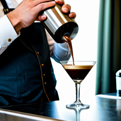 Espresso Martini Creation**

A well-lit home bar setting. A bartender, fully clothed in a stylish, appropriate outfit, is carefully pouring freshly pulled espresso into a shaker filled with ice. The shaker is a sleek Boston shaker. Jiggers and various liqueur bottles are visible in the background. The focus is on the crema forming as the espresso is poured. A chilled martini glass sits ready, anticipating the perfect espresso martini. safe for work, appropriate content, professional setting, perfect anatomy, correct proportions, natural pose, high-quality, sharp focus.

**