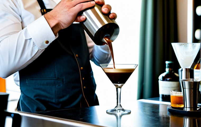 Espresso Martini Creation**
A well-lit home bar setting. A bartender, fully clothed in a stylish, appropriate outfit, is carefully pouring freshly pulled espresso into a shaker filled with ice. The shaker is a sleek Boston shaker. Jiggers and various liqueur bottles are visible in the background. The focus is on the crema forming as the espresso is poured. A chilled martini glass sits ready, anticipating the perfect espresso martini. safe for work, appropriate content, professional setting, perfect anatomy, correct proportions, natural pose, high-quality, sharp focus.
**