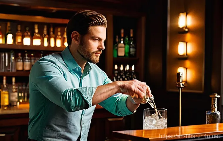 홈바텐더 필수 재료 - **Prompt: The Home Bartender's Art**
"A stylishly dressed individual, wearing a crisp button-up ...